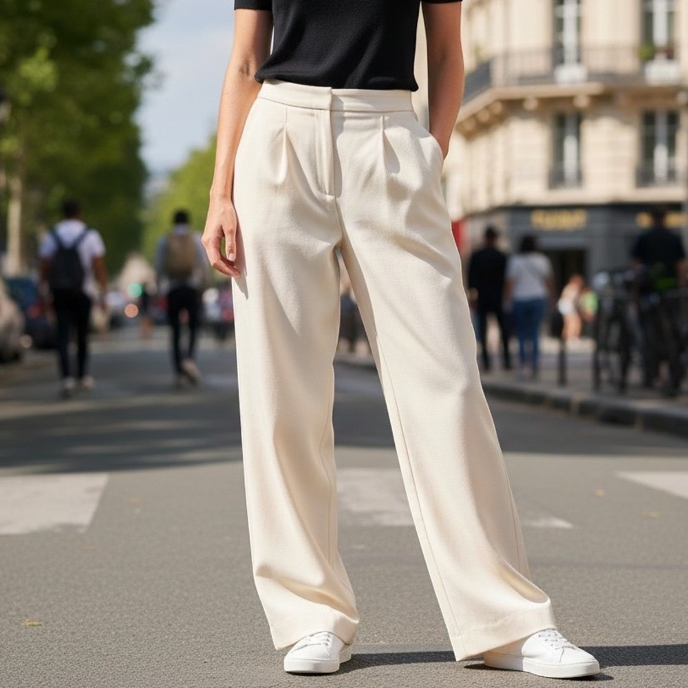 Gemma + Jane Ivory Wide Leg Pleated Trousers High Waisted Pants Large NWT